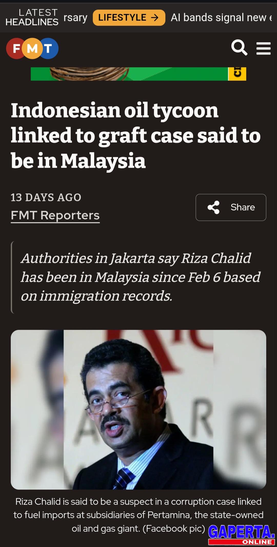 Media Malaysia soroti kabar yang menyebutkan Riza Chalid buron di Negeri Jiran